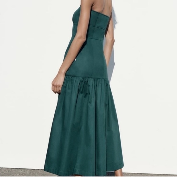ZARA TOPSTITCHED MIDI DRESS emerald dress with top stitching, strapless bustier - Picture 4 of 16